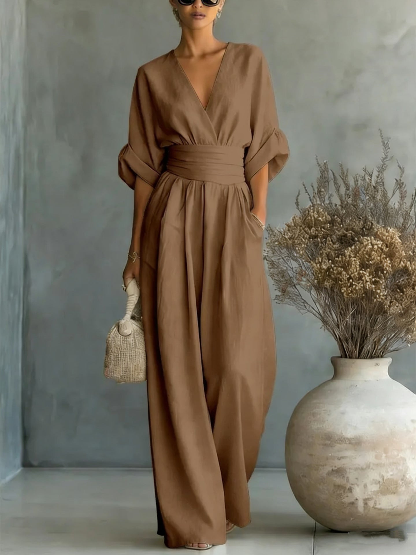 Elegant V-Neck Dress, Open Back and Flowing Sleeves - Maison Claire et Sylvie