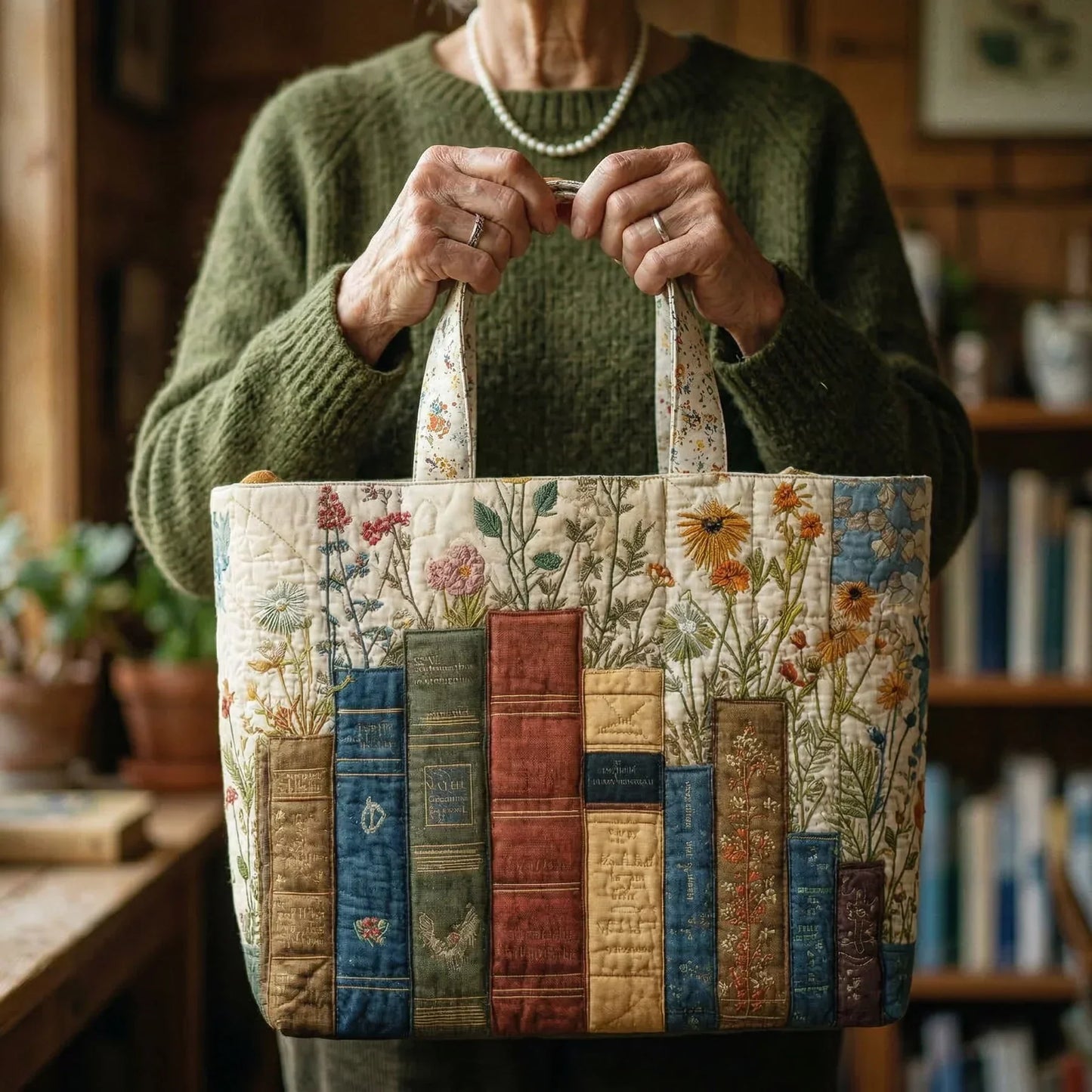 Artisan Quilted Bag - Floral and Literary Design