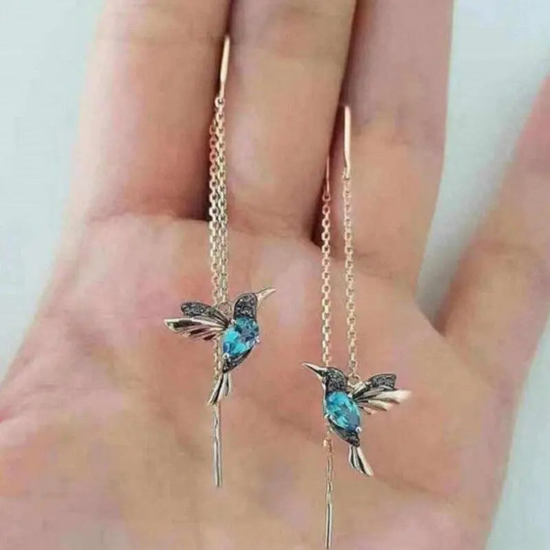 Wire Earrings with Hummingbird in Gold and Crystals