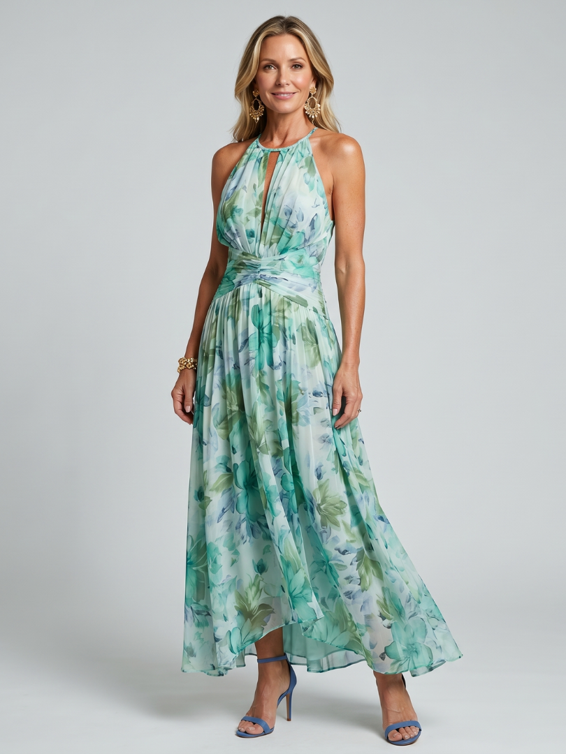 Portia Midi Dress in Pleated Crepe with Halter Neck and Floral Print