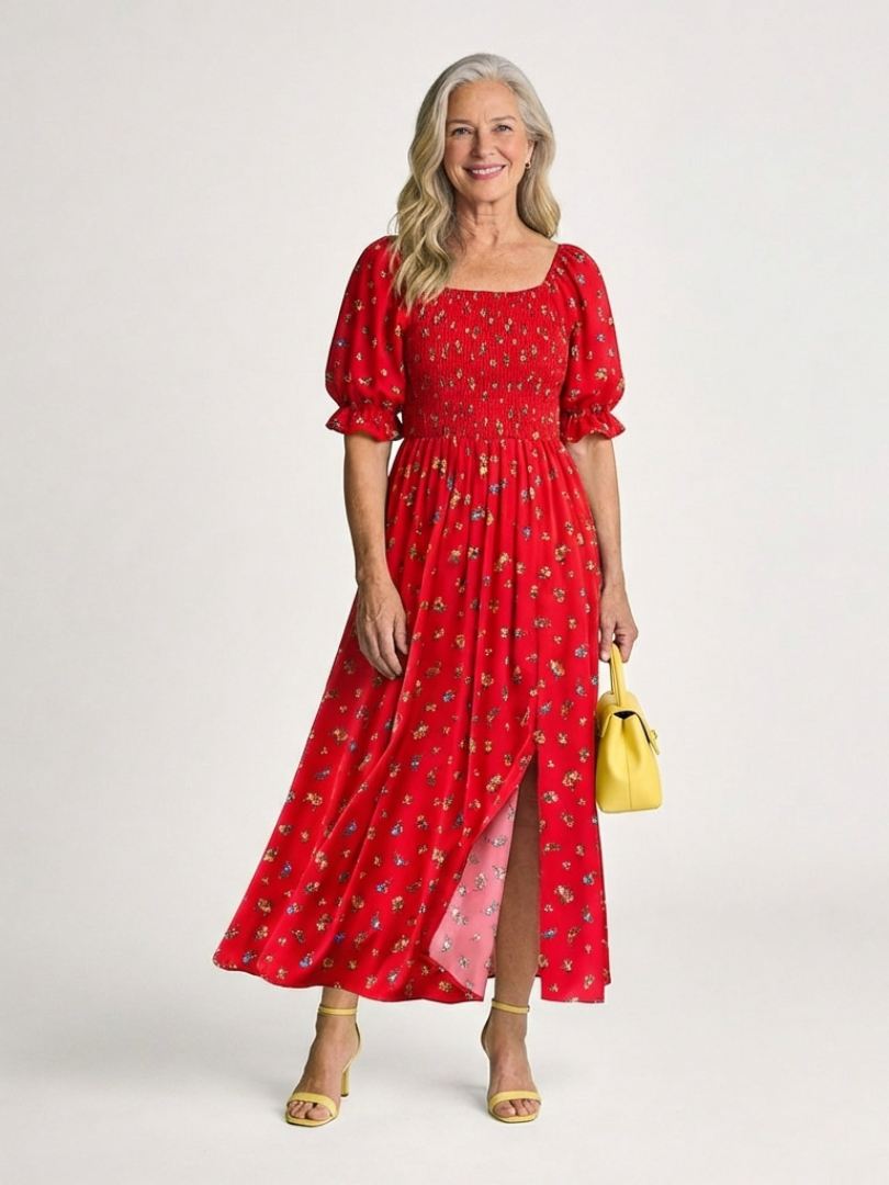 Delphine | Midi Dress with Square Neckline and Floral Pattern