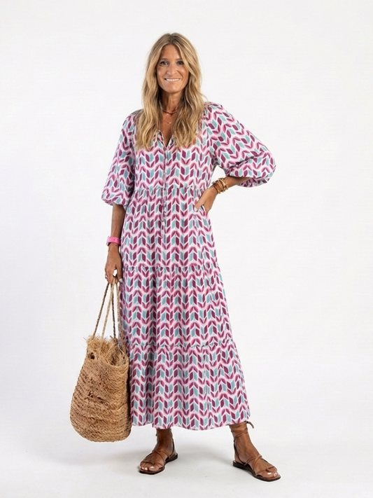 Mireya | Robe mi-longue étagée à manches longues et imprimé géométrique