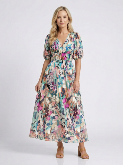 Eulalie | V-Neck Short Sleeve Gathered Waist Midi Dress