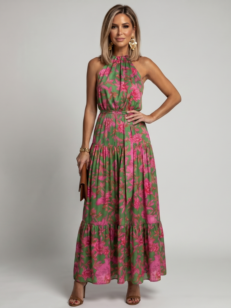 Elegant pink draped midi dress with halter neckline