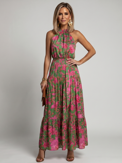 Elegant pink draped midi dress with halter neckline
