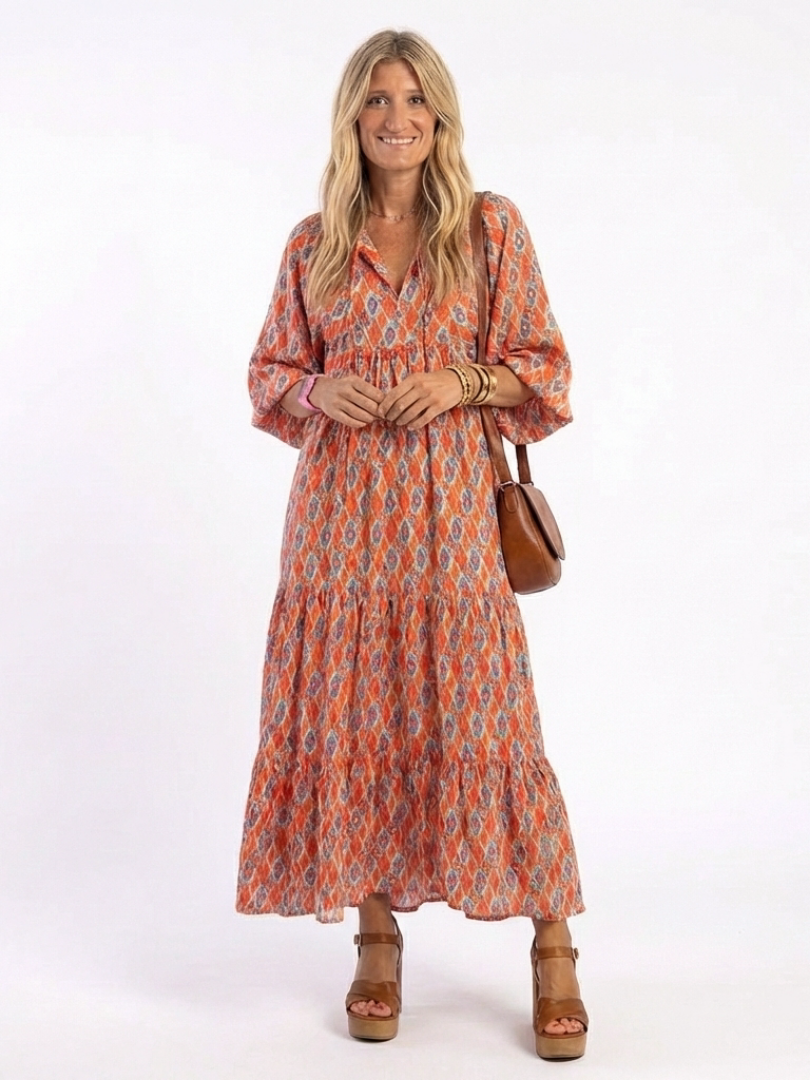 Amara | Geometric Print V-Neck Layered Midi Dress