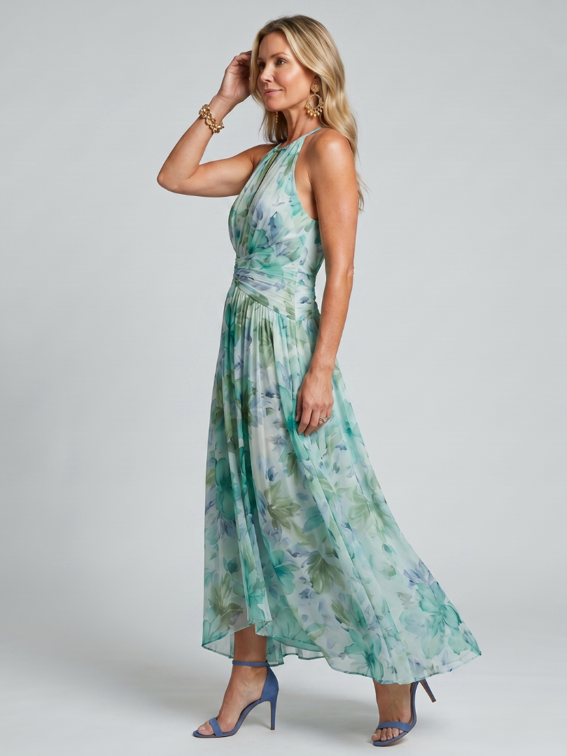 Portia Midi Dress in Pleated Crepe with Halter Neck and Floral Print