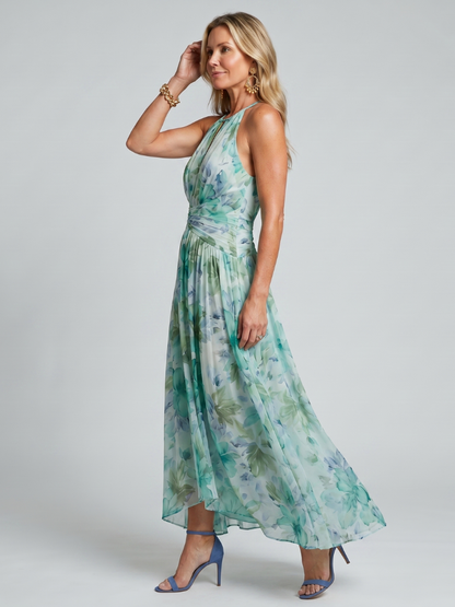 Portia Midi Dress in Pleated Crepe with Halter Neck and Floral Print