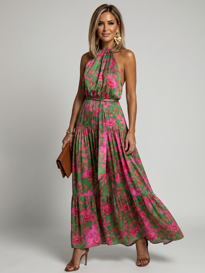 Elegant pink draped midi dress with halter neckline