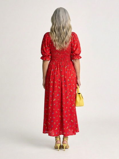 Delphine | Midi Dress with Square Neckline and Floral Pattern