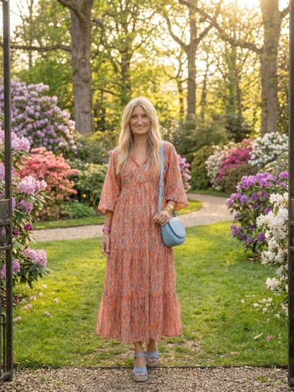 Amara | Geometric Print V-Neck Layered Midi Dress