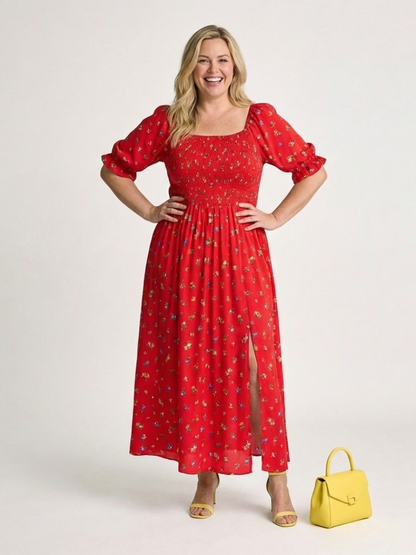 Delphine | Midi Dress with Square Neckline and Floral Pattern