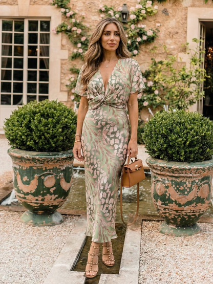 Coralie | Abstract Print V-Neck Wrap Waist Midi Dress