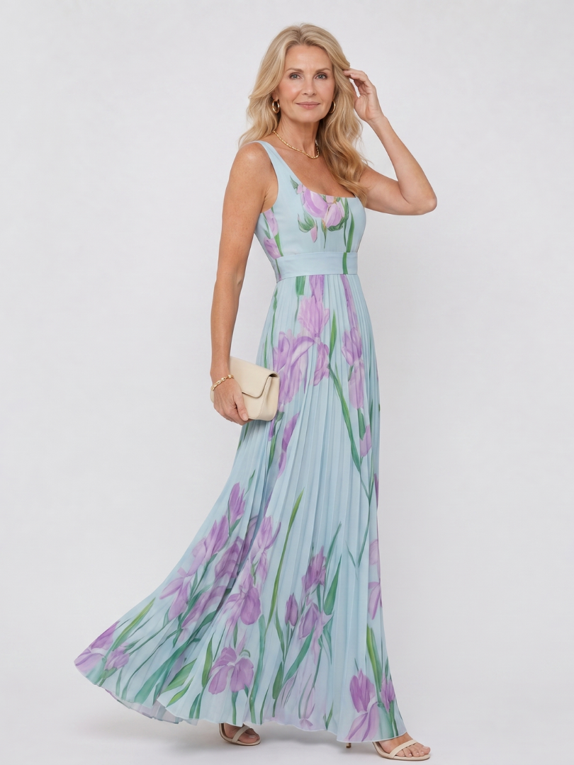 Sleeveless Satin Midi Dress with Square Neckline and Elegant Pleats