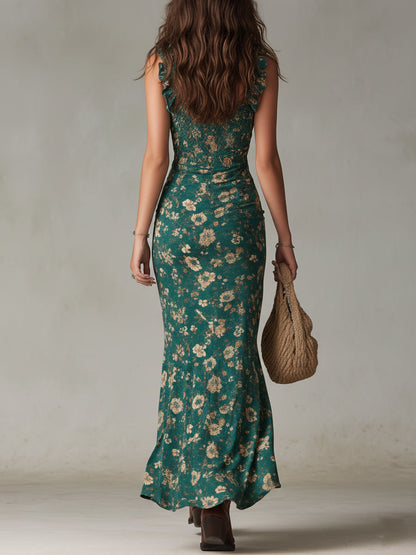 Retro Bohemian Long Dress in Flowing Fabric with Puff Sleeves and Elegant Slit