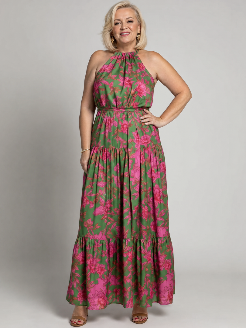 Elegant pink draped midi dress with halter neckline