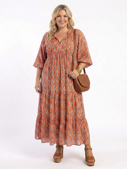 Amara | Geometric Print V-Neck Layered Midi Dress