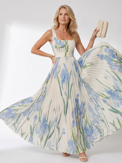 Sleeveless Satin Midi Dress with Square Neckline and Elegant Pleats