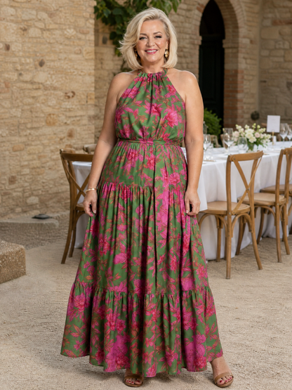 Elegant pink draped midi dress with halter neckline