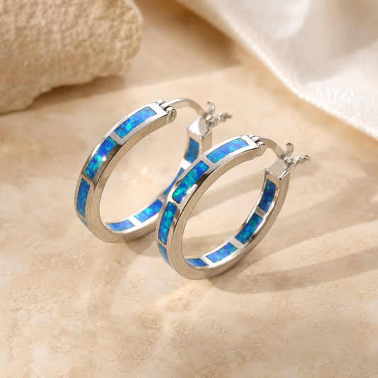 Stylish Circular Earrings with Blue Fire Opal
