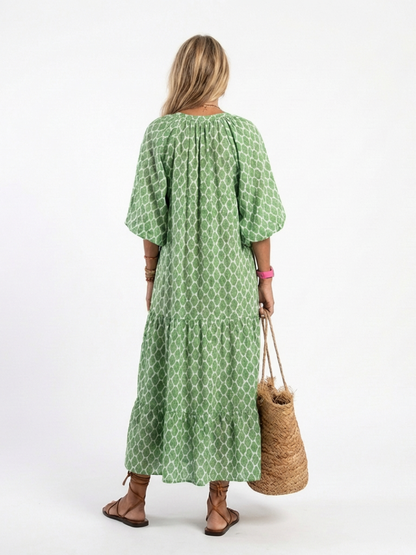 Apolline | Three-Quarter Sleeve V-Neck Patterned Midi Dress
