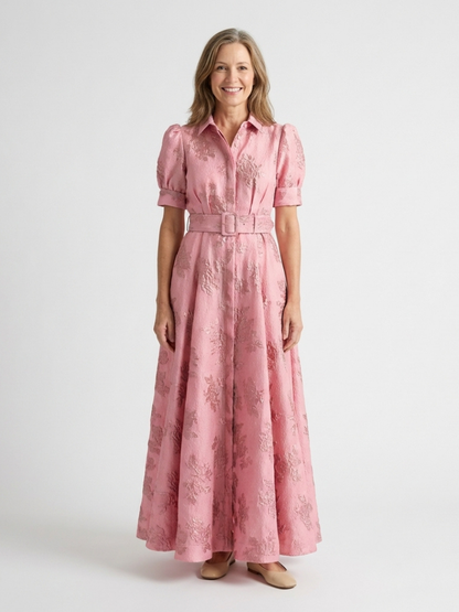 Xanthea | Short-Sleeved, Fitted, Floral Textured Maxi Shirt Dress
