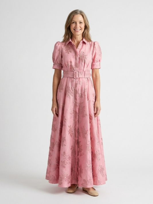 Xanthea | Short-Sleeved, Fitted, Floral Textured Maxi Shirt Dress