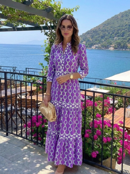 Ysolde | Midi Dress with 3/4 Sleeves and Chain Pattern