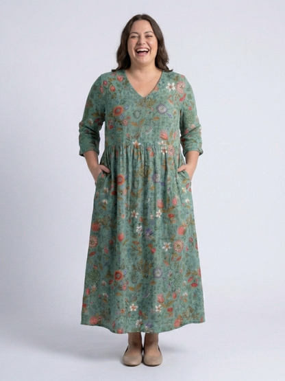 Marina | Floral V-Neck Maxi Dress with Three-Quarter Sleeves
