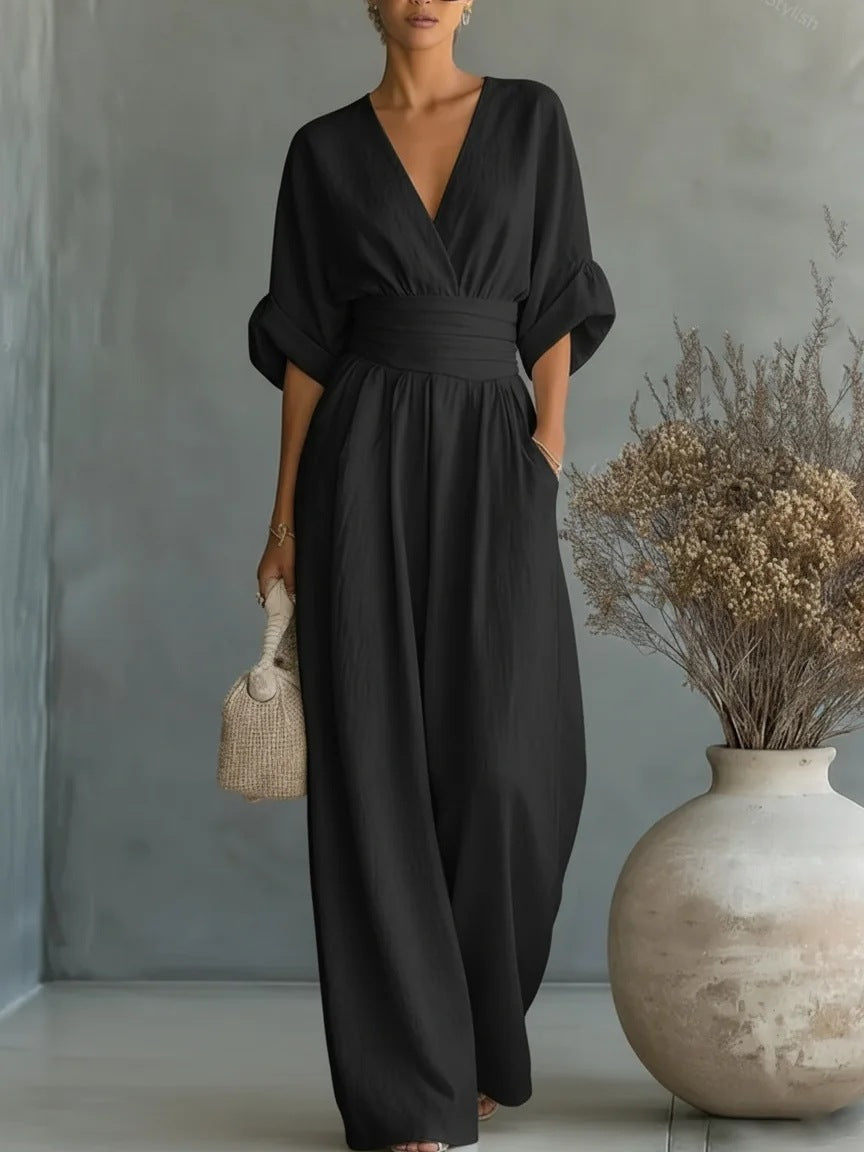 Elegant V-Neck Dress, Open Back and Flowing Sleeves - Maison Claire et Sylvie