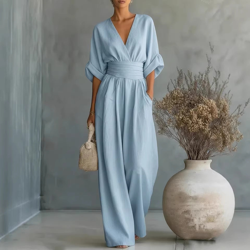 Elegant V-Neck Dress, Open Back and Flowing Sleeves - Maison Claire et Sylvie