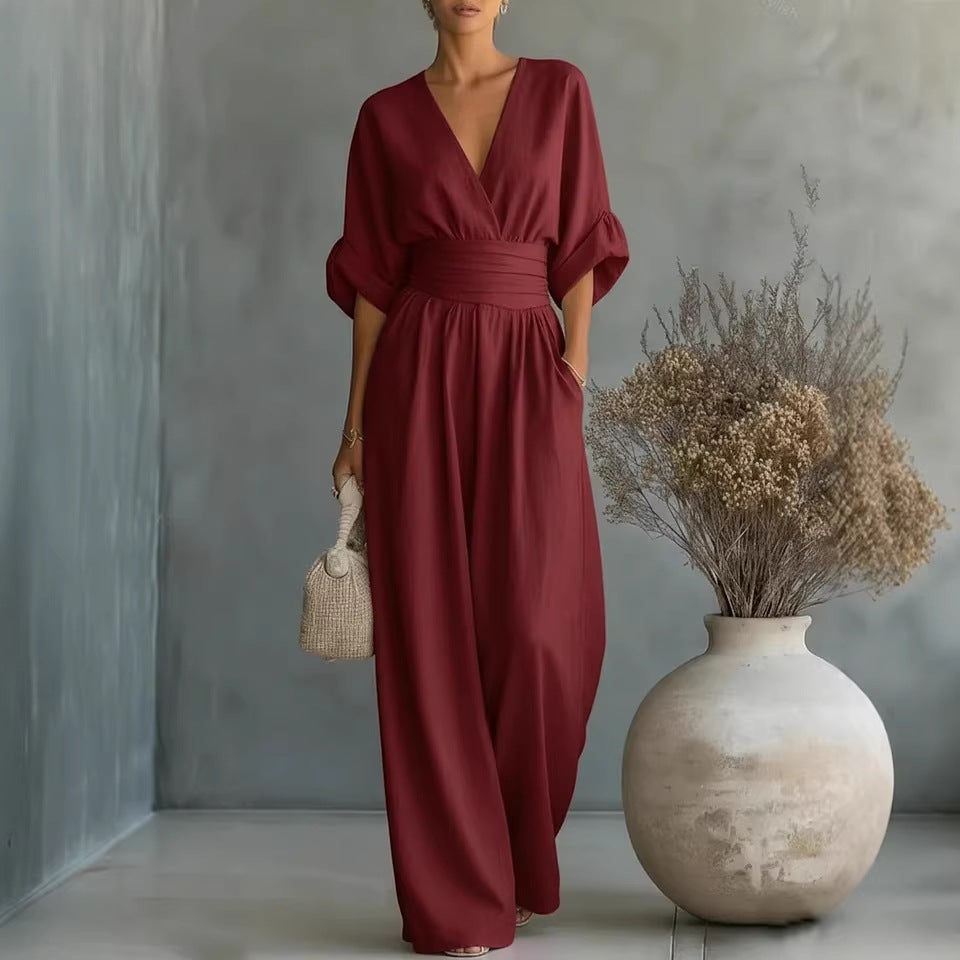 Elegant V-Neck Dress, Open Back and Flowing Sleeves - Maison Claire et Sylvie