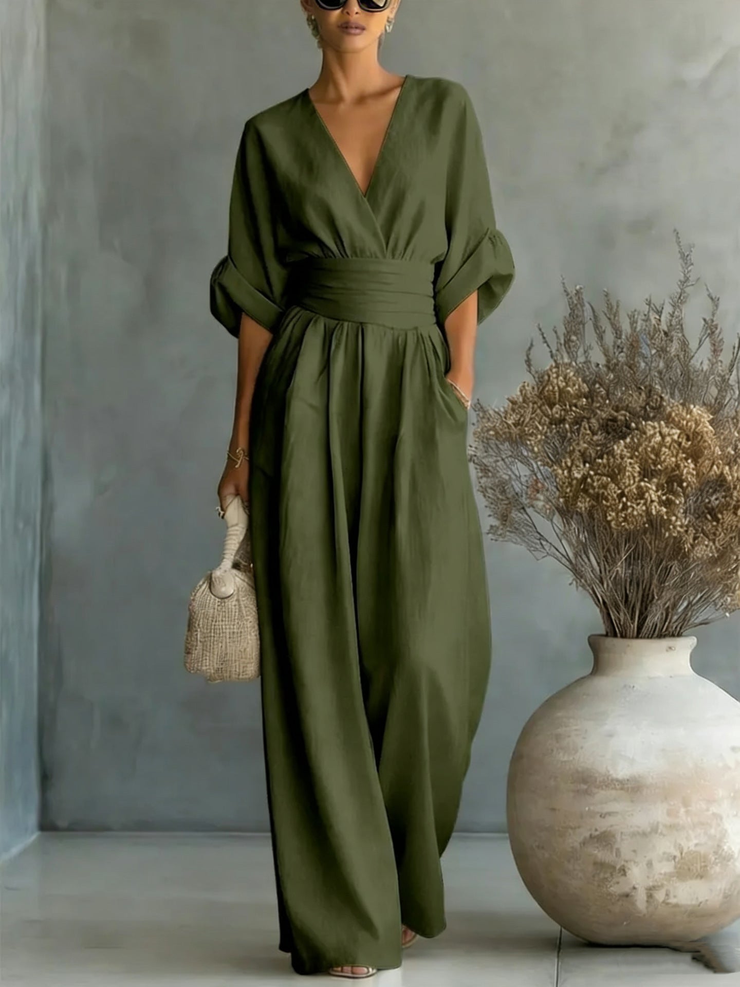 Elegant V-Neck Dress, Open Back and Flowing Sleeves - Maison Claire et Sylvie