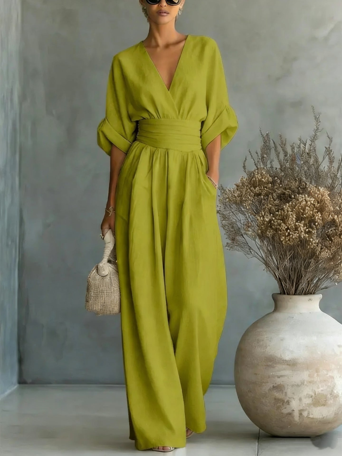 Elegant V-Neck Dress, Open Back and Flowing Sleeves - Maison Claire et Sylvie