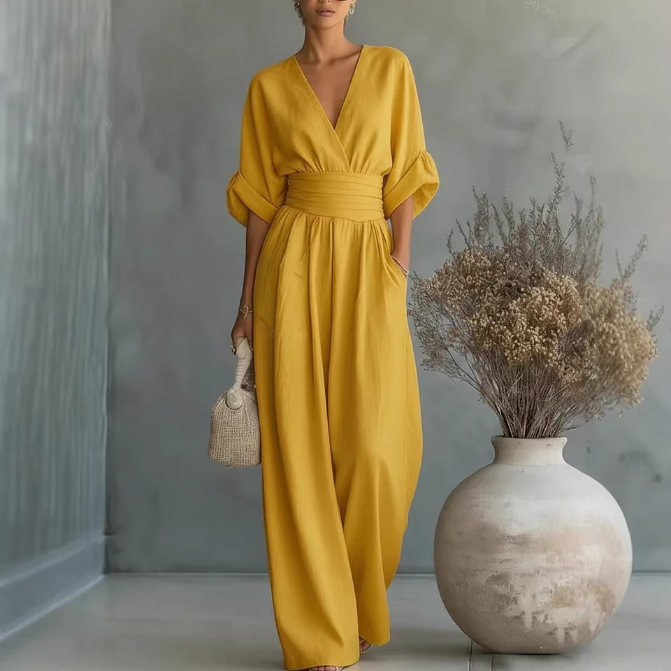 Elegant V-Neck Dress, Open Back and Flowing Sleeves - Maison Claire et Sylvie
