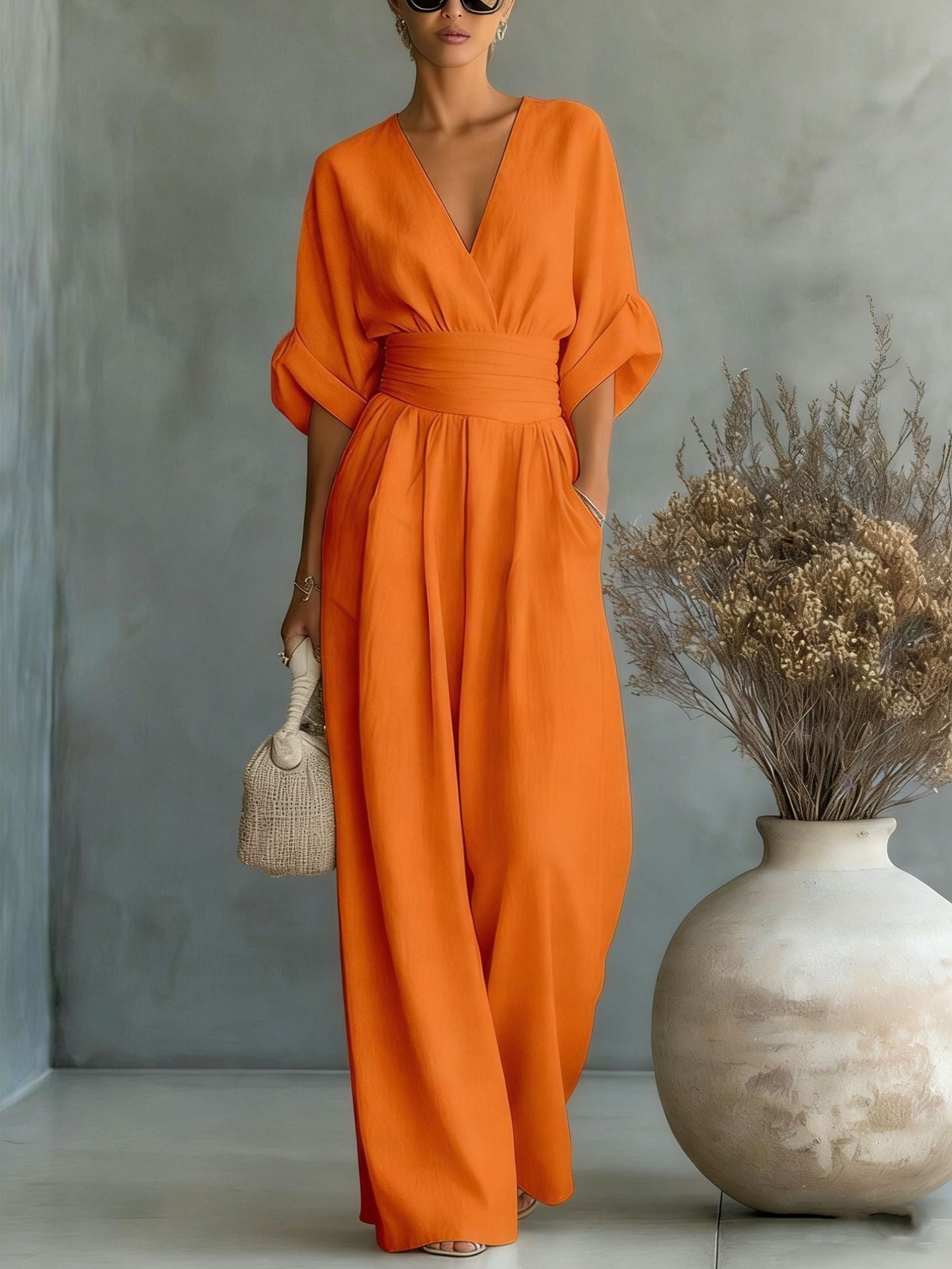 Elegant V-Neck Dress, Open Back and Flowing Sleeves - Maison Claire et Sylvie