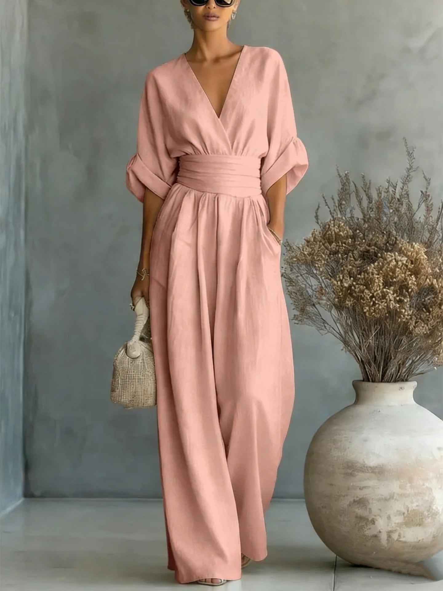Elegant V-Neck Dress, Open Back and Flowing Sleeves - Maison Claire et Sylvie