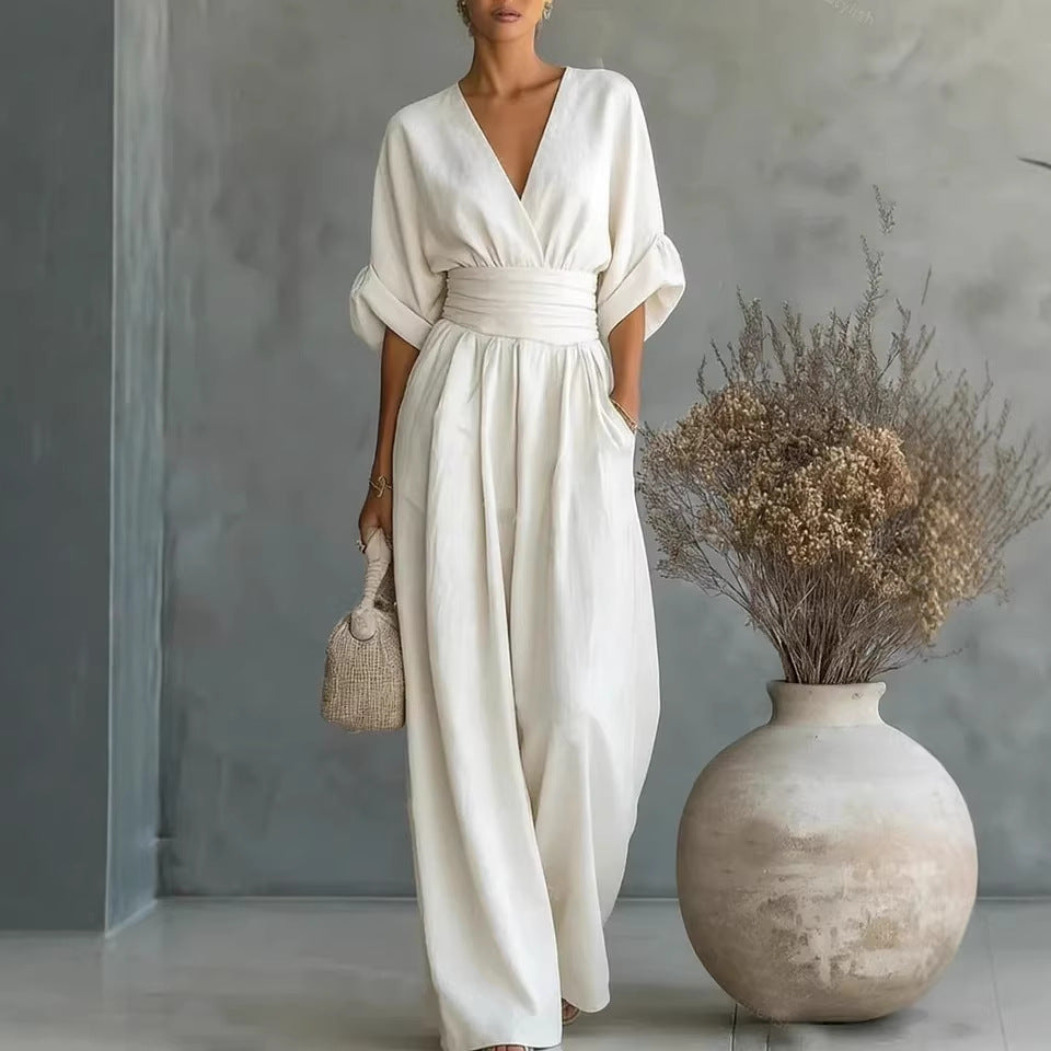 Elegant V-Neck Dress, Open Back and Flowing Sleeves - Maison Claire et Sylvie