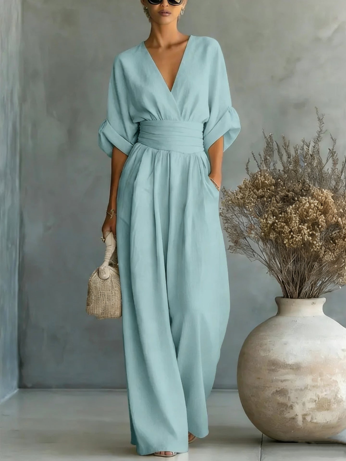 Elegant V-Neck Dress, Open Back and Flowing Sleeves - Maison Claire et Sylvie