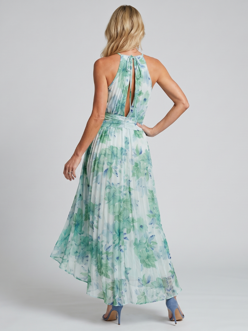 Portia Midi Dress in Pleated Crepe with Halter Neck and Floral Print
