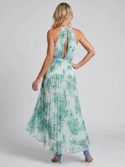 Portia Midi Dress in Pleated Crepe with Halter Neck and Floral Print