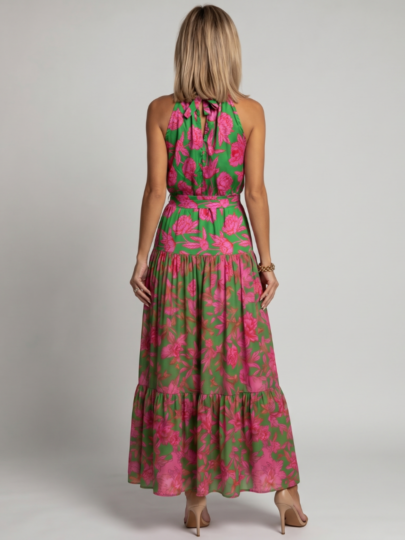 Elegant pink draped midi dress with halter neckline