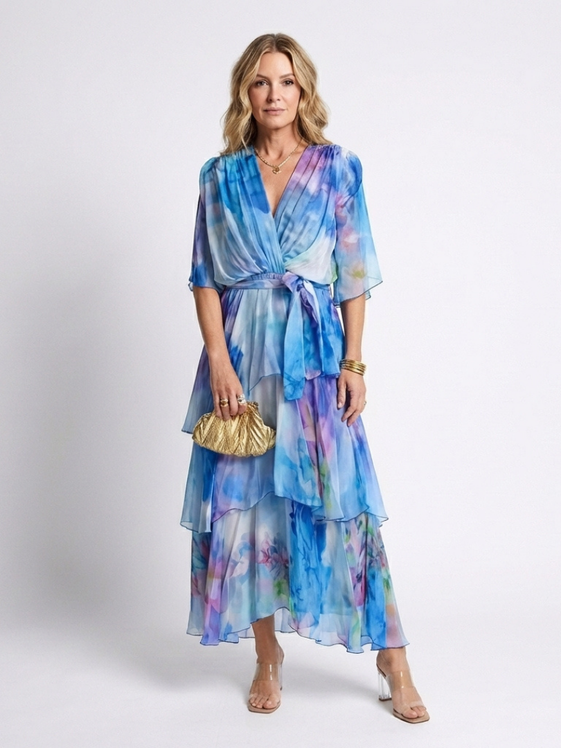 Calista | Robe longue superposée à col en V avec ceinture à nouer
