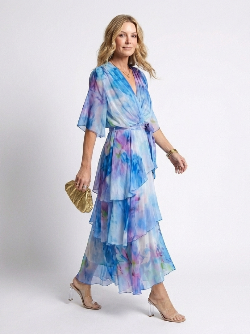 Calista | Robe longue superposée à col en V avec ceinture à nouer