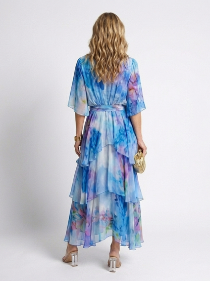 Calista | Robe longue superposée à col en V avec ceinture à nouer