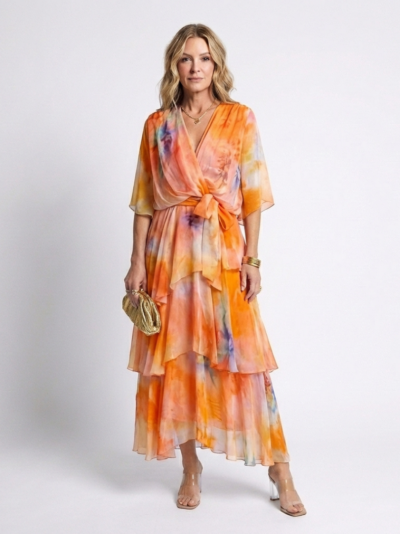 Calista | Robe longue superposée à col en V avec ceinture à nouer