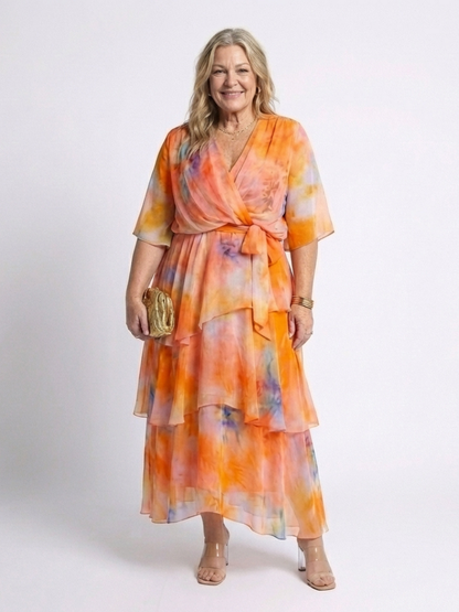 Calista | Robe longue superposée à col en V avec ceinture à nouer