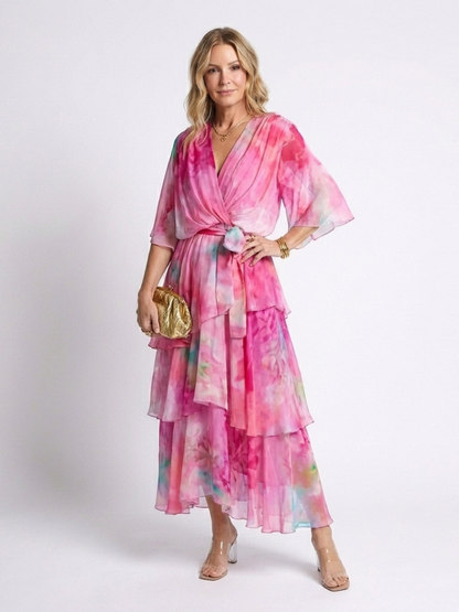 Calista | Robe longue superposée à col en V avec ceinture à nouer