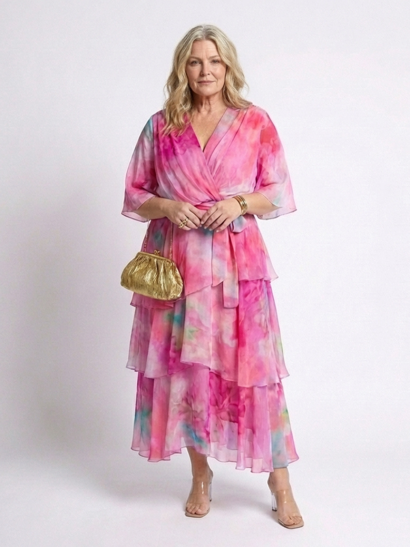 Calista | Robe longue superposée à col en V avec ceinture à nouer
