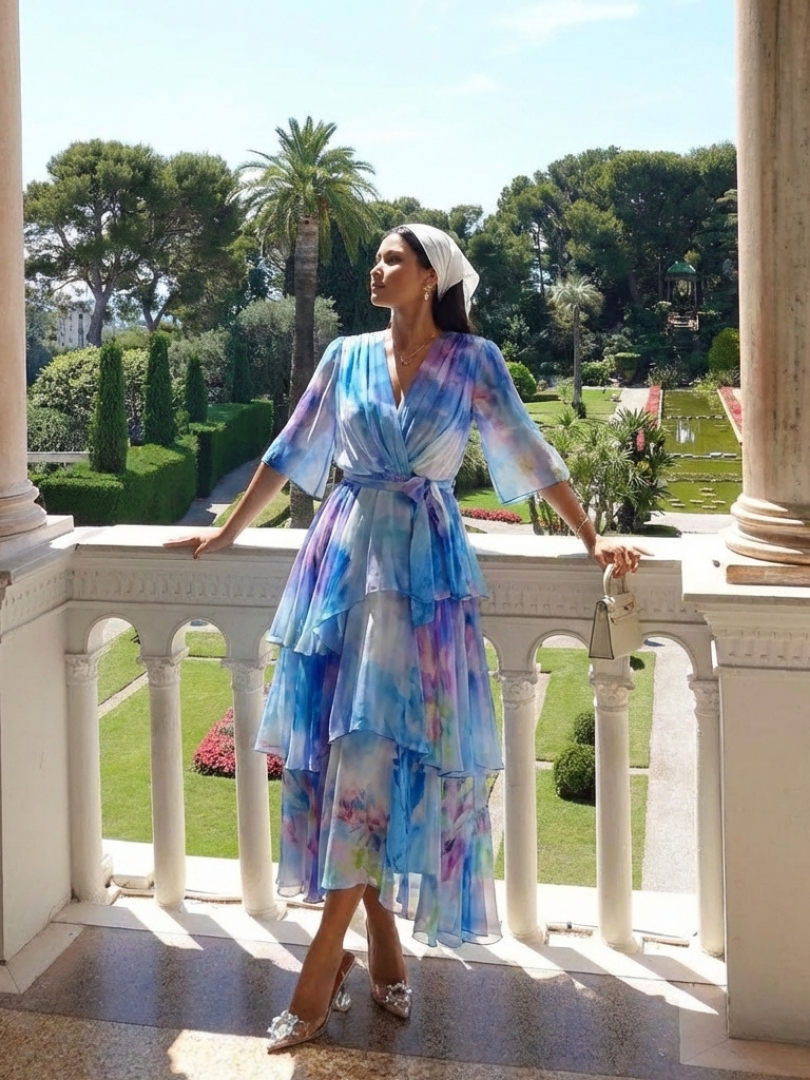 Calista | Robe longue superposée à col en V avec ceinture à nouer